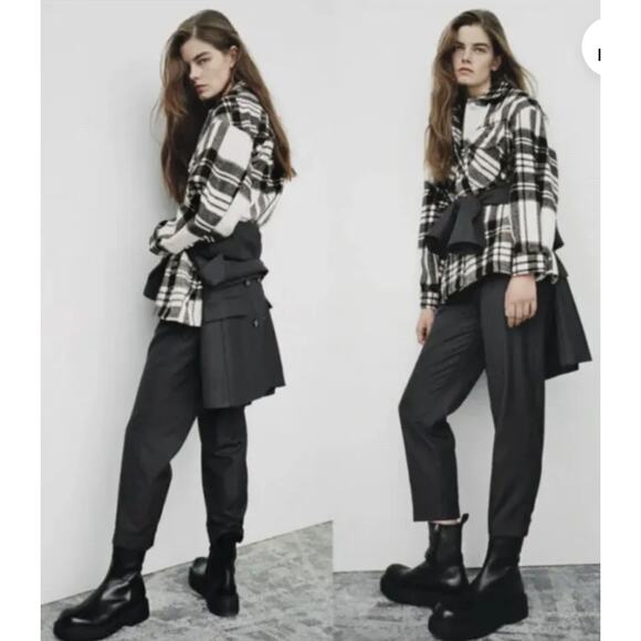 ZARA White Black Wool Blend Flannel Shacket Plaid Pockets Front Button Size XS - Picture 10 of 10